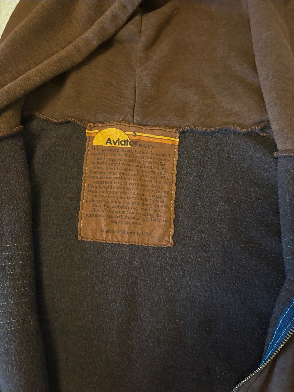 Aviator Nation Brown Zip-Up Hoodie with Retro Stripe Chest - Picture 2 of 4